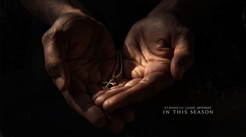 “Create a close-up image of worn, work-toughened hands holding a simple cross necklace or a folded prayer card. Dark, moody background with warm highlights on the hands. Add small text: ‘Strength Looks Different in This Season.’ Minimal design, masculine feel, subtle grain texture.”
