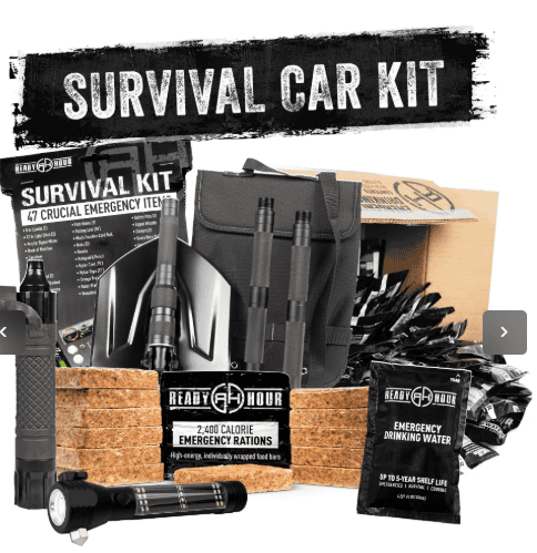 A comprehensive survival car kit with emergency tools, water, food supplies, flashlights, and first aid essentials for road safety and outdoor emergencies.