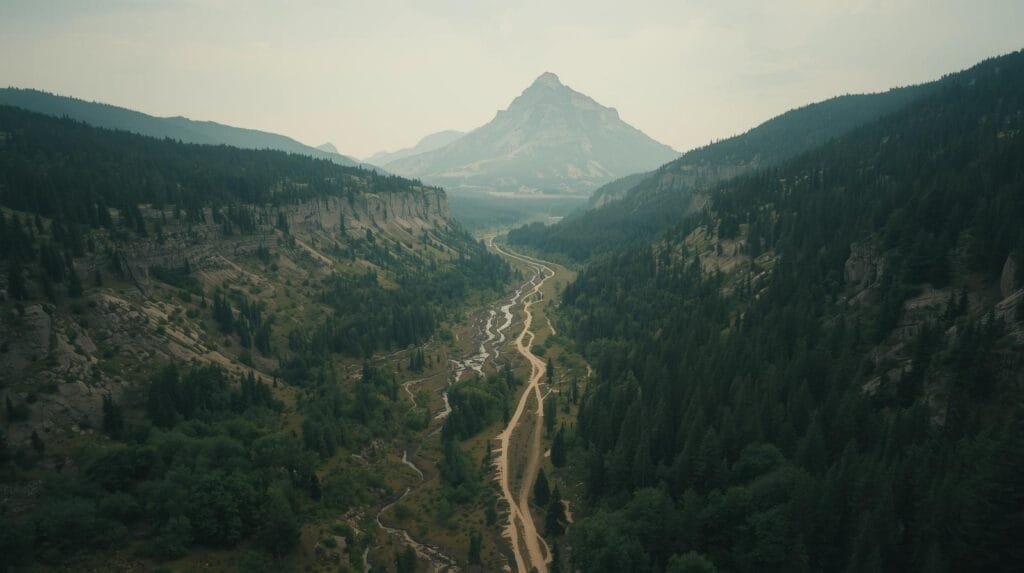 Scenic mountain landscape featuring winding dirt trails through lush forests with towering peaks in the background, perfect for outdoor exploration and adventure enthusiasts.