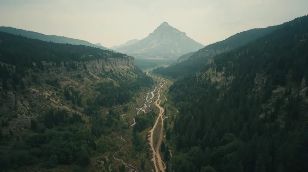 Scenic mountain landscape featuring winding dirt trails through lush forests with towering peaks in the background, perfect for outdoor exploration and adventure enthusiasts.