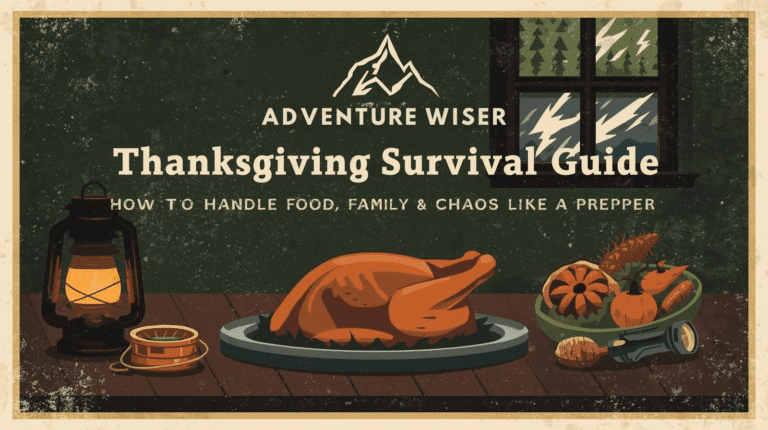 Extended alt text: Outdoor scene with a roasted turkey, lantern, pumpkin decorations, and camping gear, featuring a rustic wood table, illustrating camping tips for handling food, chaos, and family like a prepper during Thanksgiving.