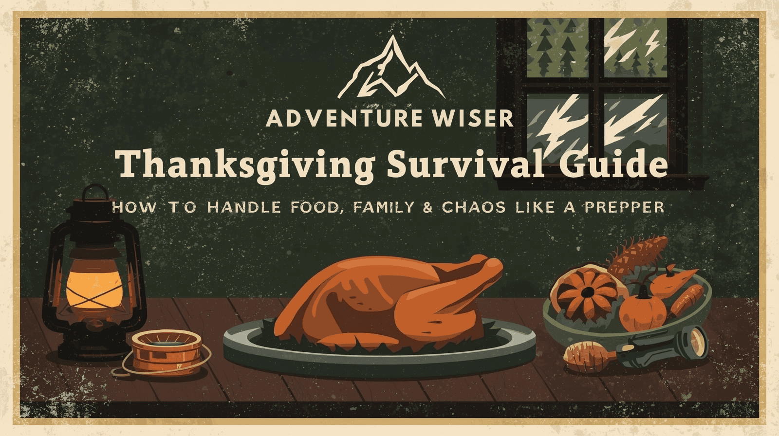 Extended alt text: Outdoor scene with a roasted turkey, lantern, pumpkin decorations, and camping gear, featuring a rustic wood table, illustrating camping tips for handling food, chaos, and family like a prepper during Thanksgiving.