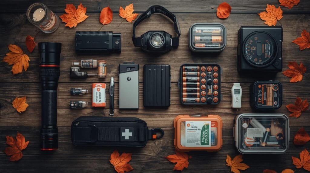 An organized flat lay of camping and hiking equipment including batteries, headlamp, flashlight, first aid kit, navigation tools, and accessories on wooden surface with autumn leaves.