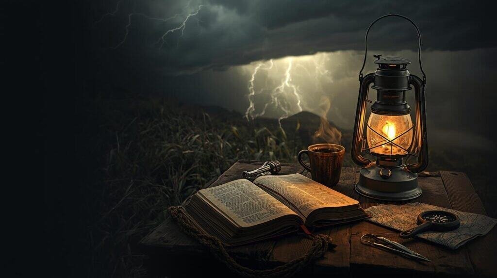 A lantern, open book, mug, map, and compass on a wooden table outdoors during a storm with lightning, creating an adventurous camping scene.