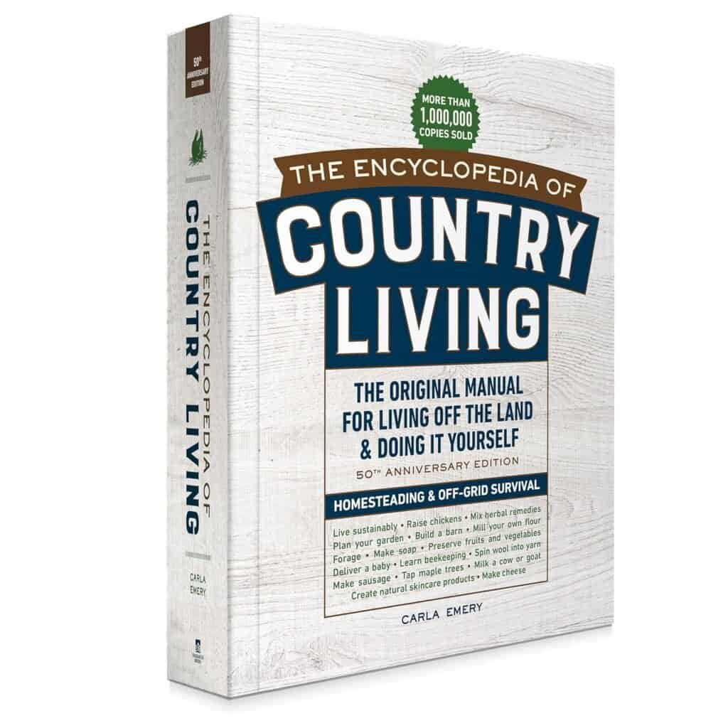Detailed image of "The Encyclopedia of Country Living" 50th Anniversary Edition book, highlighting its focus on self-sufficient living, homesteading, and off-grid survival skills.