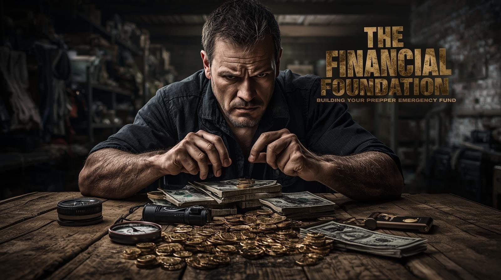 Cash-stacked-with-money-and-coins-in-dark-warehouse.