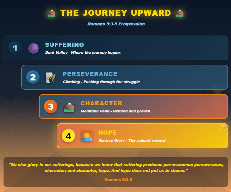 Design an upward arrow diagram with four ascending steps showing Romans 5:3-5 progression. Step 1: 'Suffering' (dark valley), Step 2: 'Perseverance' (climbing), Step 3: 'Character' (mountain peak), Step 4: 'Hope' (sunrise glory). Each step should have an icon and be progressively lighter/brighter. Use mountain silhouettes and gradient from dark blues to golden yellows. Bold, motivational style."
