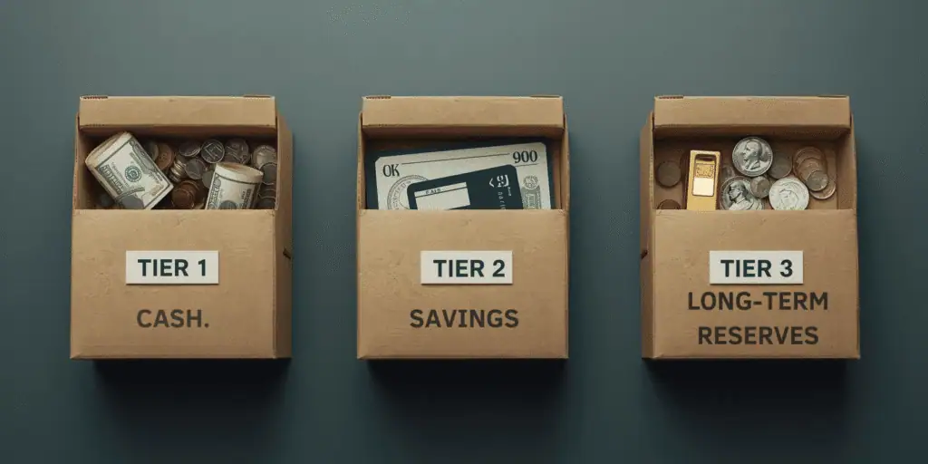 A stylized flat lay of three stacked boxes labeled Tier 1: Cash, Tier 2: Savings, Tier 3: Long-Term Reserves.Each box contains visuals: rolled-up cash and coins (Tier 1), a bank passbook and debit card (Tier 2), and gold bars, silver coins, and Treasury bonds (Tier 3).Style: infographic-like realism with clean labels, muted tactical colors, balanced composition.