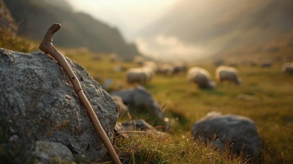 An outdoor trekking pole resting against a rock in a scenic mountain valley, symbolizing adventure travel, hiking, and exploration.