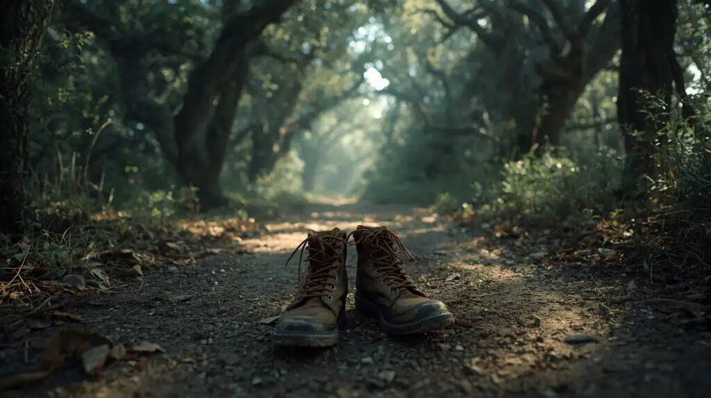 Trail shot of boots on dirt path, sunlight filtering through trees.Symbol of real-world effort.