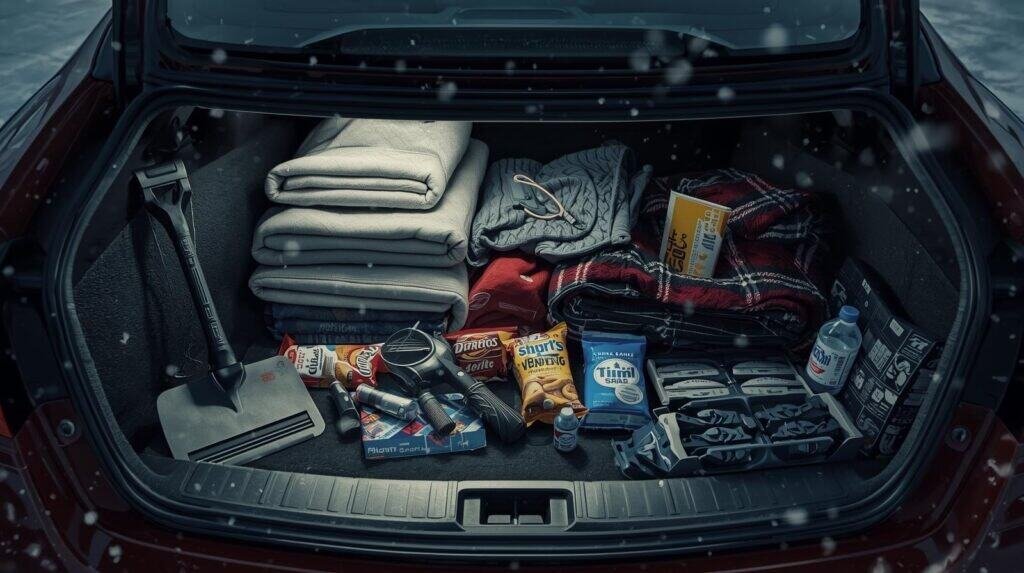 “Trunk winter emergency kit — shovel, blankets, ice scraper, flashlight, snacks, traction boards, and water — arranged neatly with snow falling outside.”