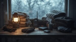 Cozy mountain cabin setup with lantern, gloves, heated drinks, and outdoor gear, ready for cold weather adventures and winter camping in snowy environments.