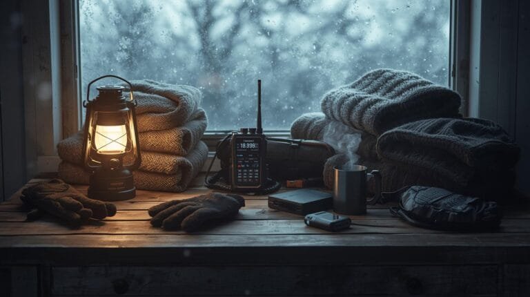 Cozy mountain cabin setup with lantern, gloves, heated drinks, and outdoor gear, ready for cold weather adventures and winter camping in snowy environments.