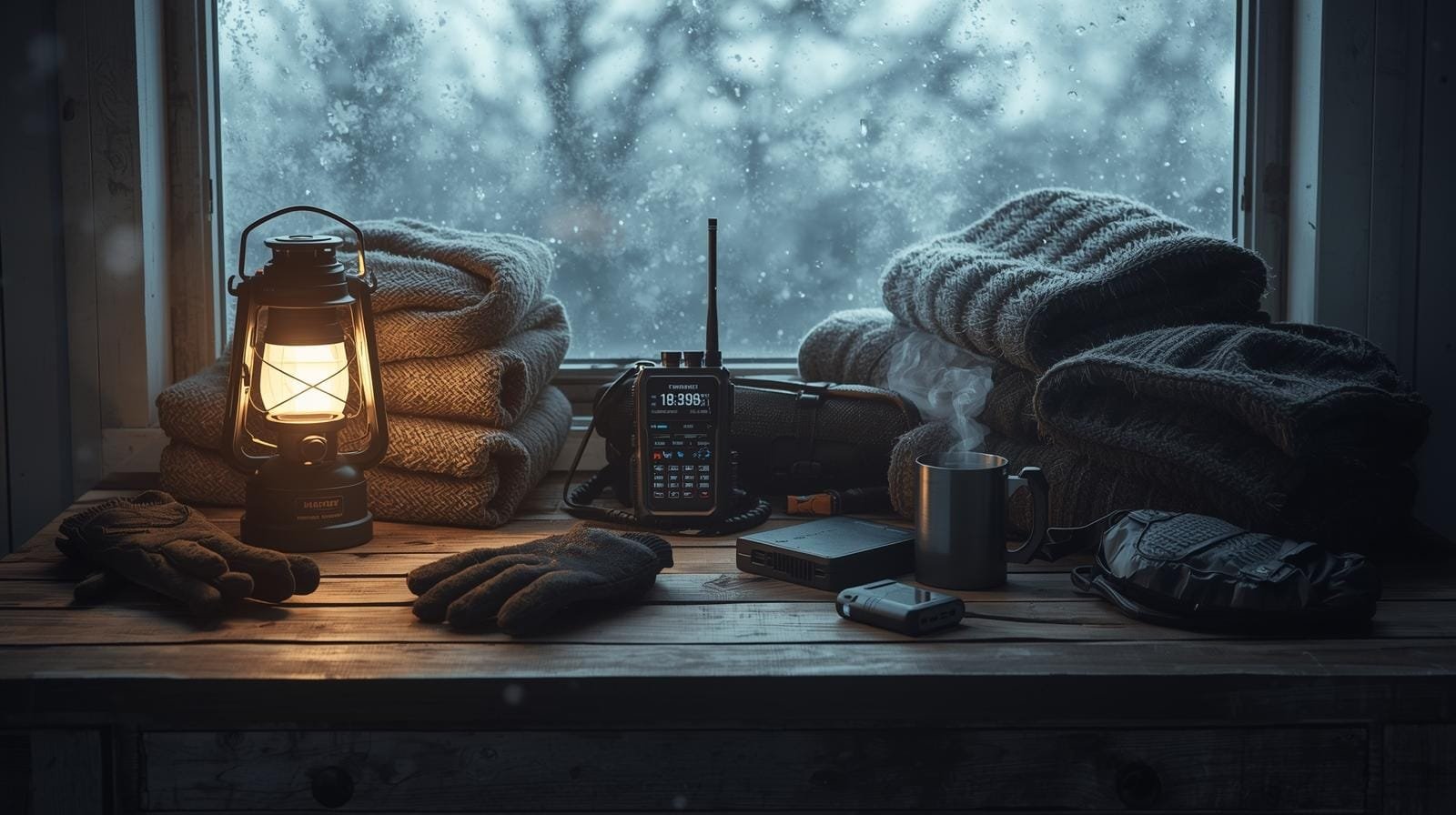 Cozy mountain cabin setup with lantern, gloves, heated drinks, and outdoor gear, ready for cold weather adventures and winter camping in snowy environments.
