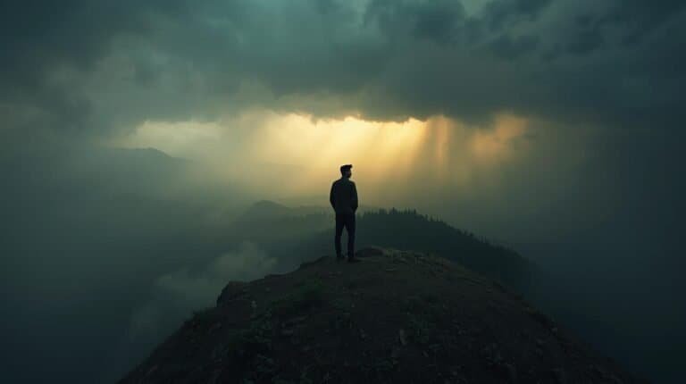 Solitary hiker standing on mountain summit during dramatic cloudy sunset, embracing adventure and exploration in nature's wilderness.