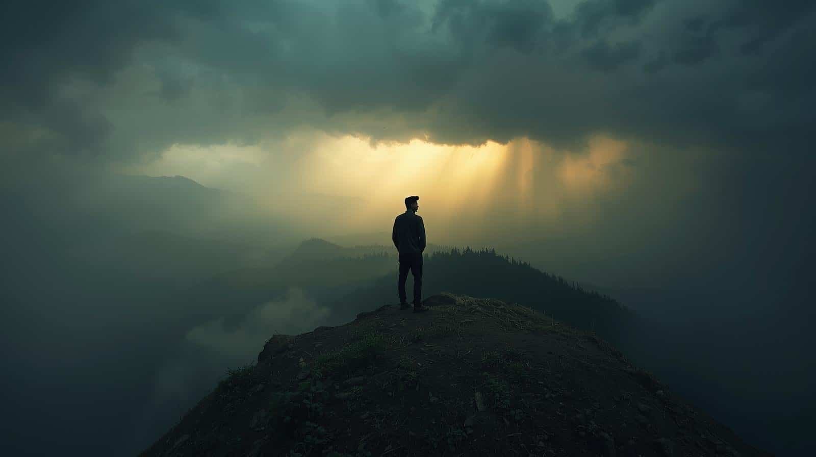 Solitary hiker standing on mountain summit during dramatic cloudy sunset, embracing adventure and exploration in nature's wilderness.