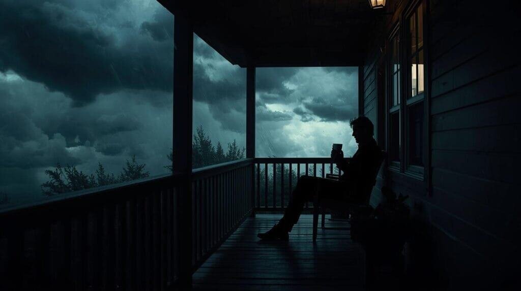 calm person sipping coffee on porch during storm.