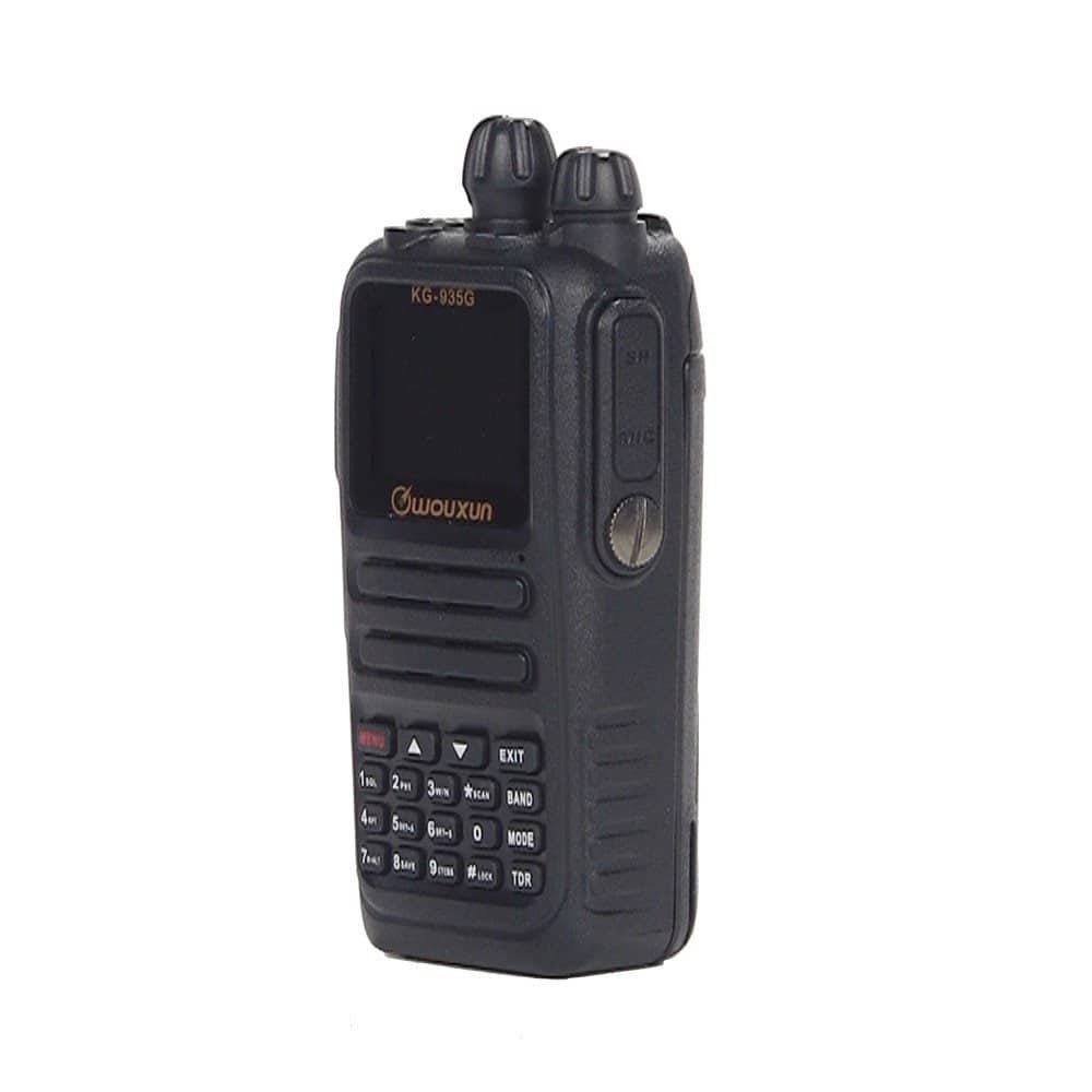 A handheld walkie-talkie with black casing, digital display, and numeric keypad for outdoor adventure communication.