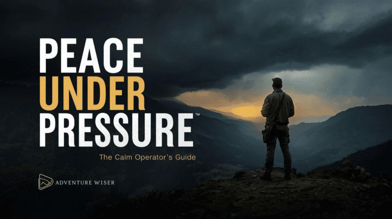 Peaceful mountain wilderness scene with a hiker overlooking a dramatic sunset, emphasizing adventure, nature, and outdoor exploration for adventure tourism enthusiasts.