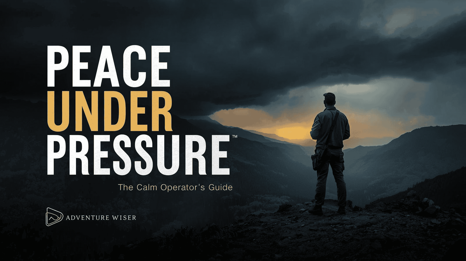 Peaceful mountain wilderness scene with a hiker overlooking a dramatic sunset, emphasizing adventure, nature, and outdoor exploration for adventure tourism enthusiasts.