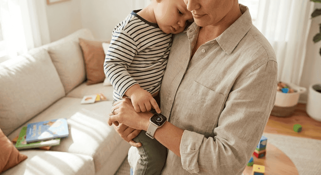 A parent using a Smartwatch to set a timer or check a message while holding a child