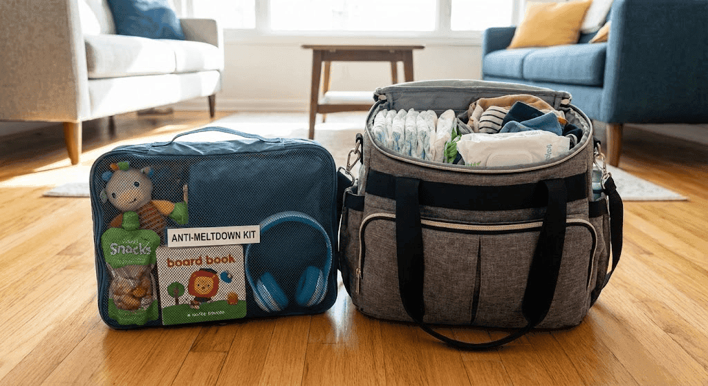 The "Anti-Meltdown" kit packed into a packing cube or organizer, showing how compact it is next to a diaper bag