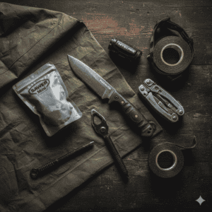 Essential survival gear including a multi-tool, fixed blade knife, compact flashlight, and duct tape for prepping and outdoor emergencies.