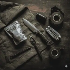 Essential survival gear including a multi-tool, fixed blade knife, compact flashlight, and duct tape for prepping and outdoor emergencies.