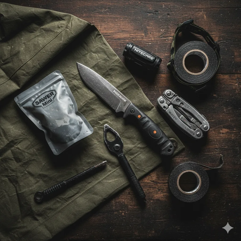 Essential survival gear including a multi-tool, fixed blade knife, compact flashlight, and duct tape for prepping and outdoor emergencies.