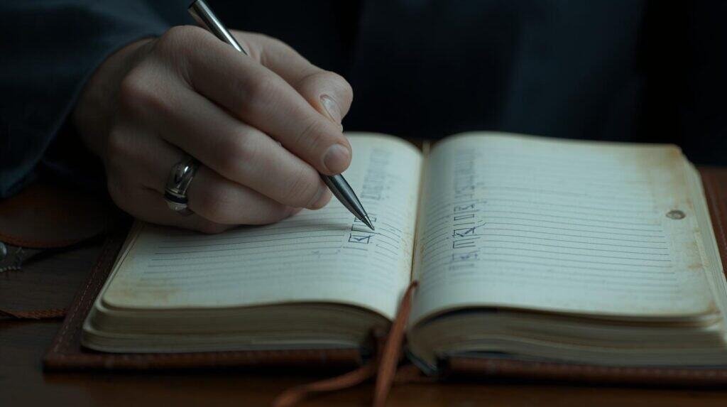 A close-up of a masculine hand (maybe a wedding band visible) using a physical pen to check off boxes in a simple, well-worn leather journal or planner. The checkmarks should look consistent over a long period.