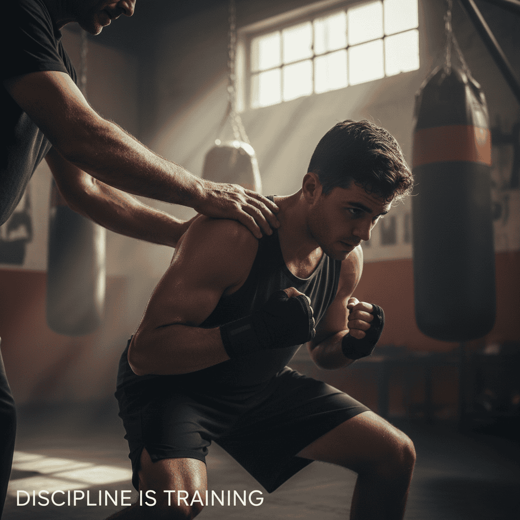 A close-up, dynamic shot of a coach's hand on an athlete's back, guiding them through a difficult training posture (e.g., a heavy lift, a stretch, or a boxing stance). The image should convey intense effort but with positive guidance.