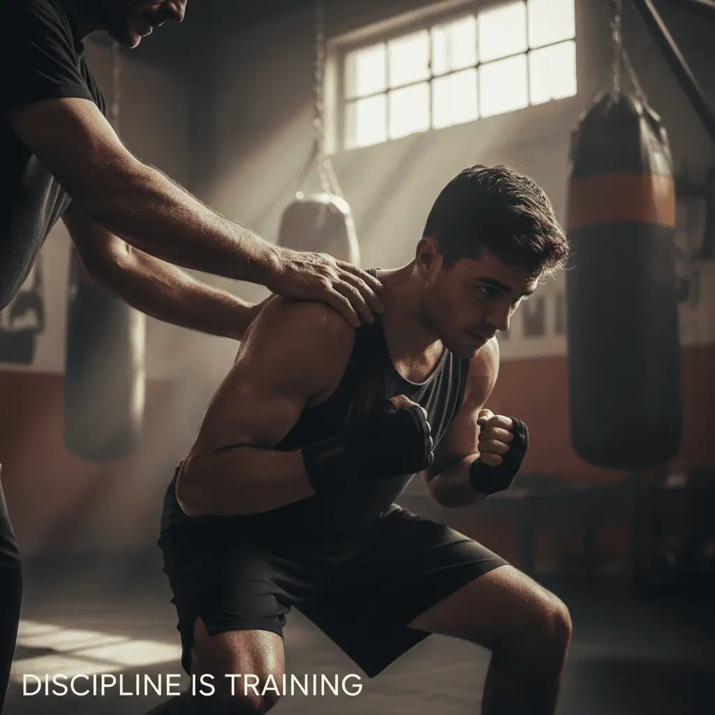 A close-up, dynamic shot of a coach's hand on an athlete's back, guiding them through a difficult training posture (e.g., a heavy lift, a stretch, or a boxing stance). The image should convey intense effort but with positive guidance.