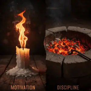 Candle flame and glowing coals symbolize discipline and motivation, illustrating the importance of perseverance and faithfulness in spiritual growth and overcoming challenges.