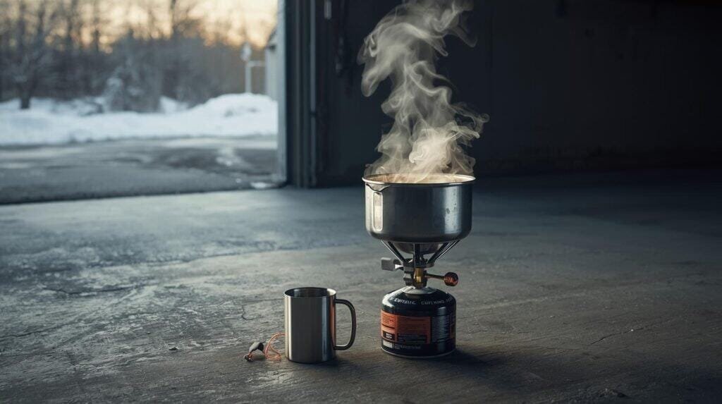 A camping stove boiling water for tea inside a well-ventilated garage with the door partially open to snow outside, illustrating safe hydration strategy for the Blackout Blueprint.