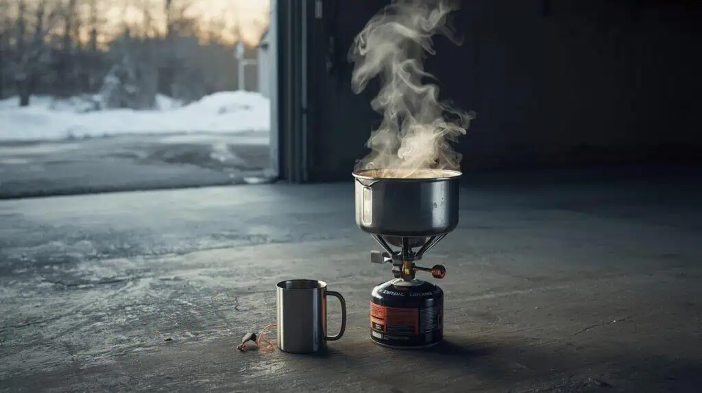 A camping stove boiling water for tea inside a well-ventilated garage with the door partially open to snow outside, illustrating safe hydration strategy for the Blackout Blueprint.