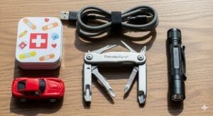 Compact multi-tool, flashlight, first aid kit, car toy, and charging cable for parents' everyday carry essentials.
