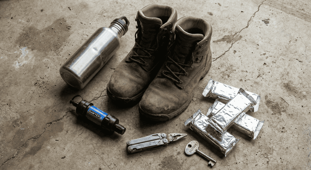 An overhead flat-lay photograph of a detailed paper topographic atlas spread open on a wooden table. A hand holding a red permanent marker is tracing a secondary route along a railroad line, deliberately bypassing a large red circle drawn around a main highway intersection. A compass and a small flashlight rest beside the map. The lighting is functional and realistic.