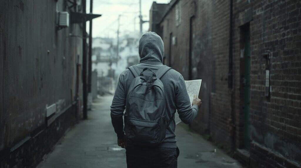 A documentary-style photograph of a lone figure walking away from the camera down a grimy urban side street or alleyway on an overcast day. The person is wearing nondescript grey clothing (a "gray man" look) and a plain, non-tactical backpack. They are glancing down at a folded physical paper map in their hands. In the far background, there is a hint of smoke or a blocked main street, suggesting unrest. The mood is tense and focused.