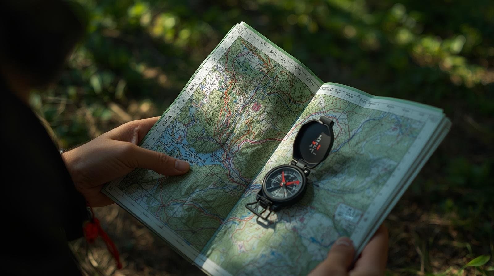Detailed topographical map with compass for hiking and exploring nature.
