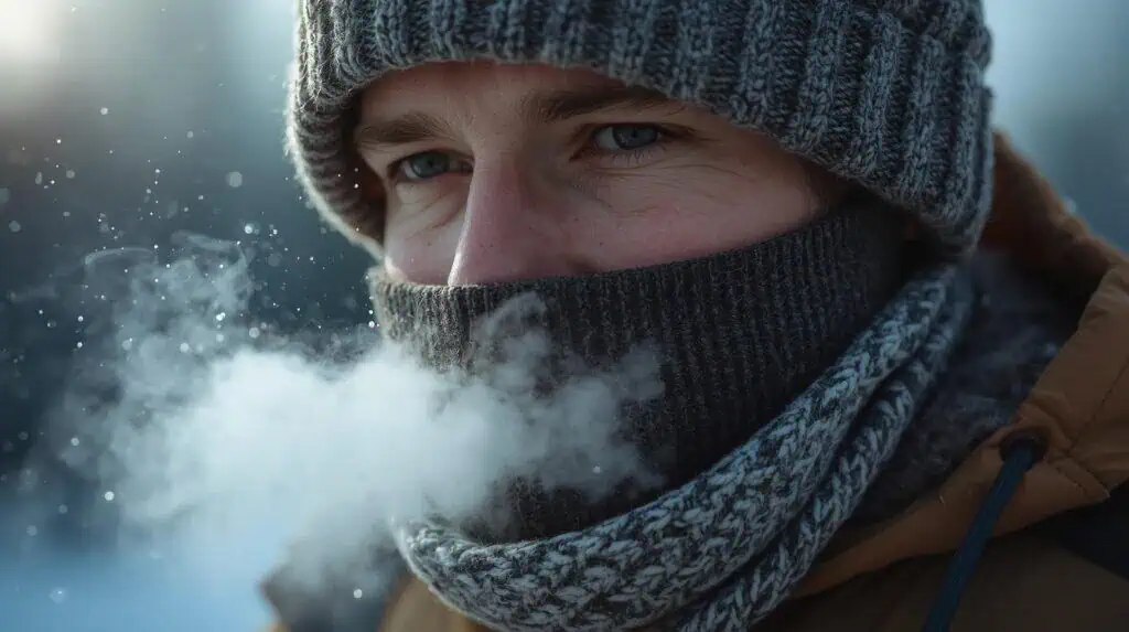 A close-up photograph demonstrating proper layering technique for the Blackout Blueprint, showing a person wearing a merino wool base layer, a fleece mid-layer, and a wool beanie, with their breath visible due to the cold.