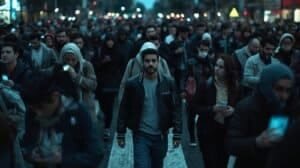 A diverse group of individuals navigating a busy city street at night, some using smartphones, highlighting awareness in crowded environments.