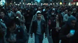A diverse group of individuals navigating a busy city street at night, some using smartphones, highlighting awareness in crowded environments.