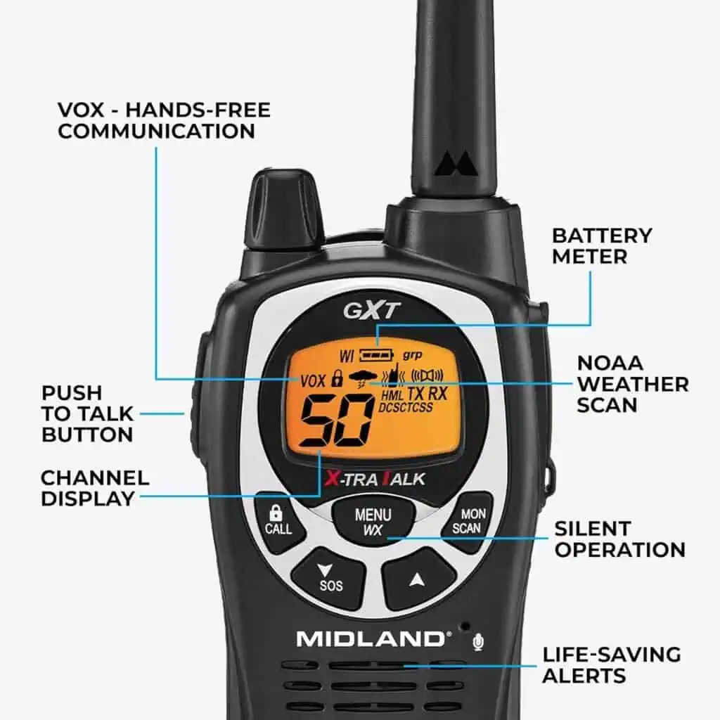 Portable two-way radio with NOAA weather scan, VOX hands-free communication, and silent operation for reliable emergency communication in survival situations.