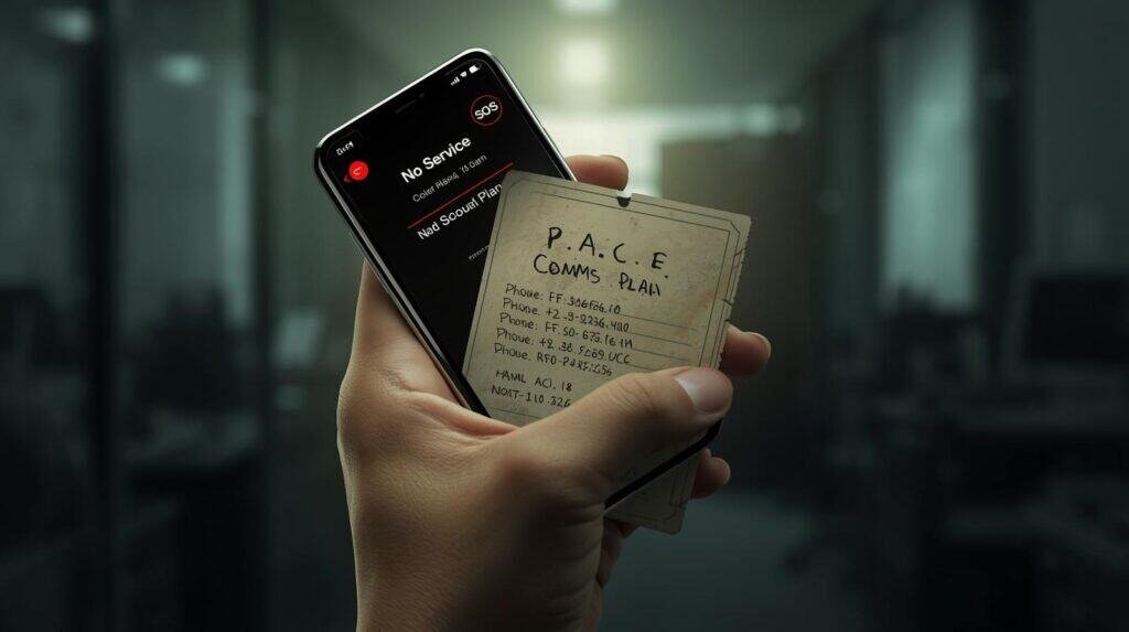 A close-up photograph of a person's hand holding a modern smartphone. The screen is on but shows "No Service" or an "SOS" icon in the corner. Tucked behind the phone in the same hand is a worn, laminated index card with handwritten text that reads "P.A.C.E. COMMS PLAN" and a list of phone numbers. The background is a blurred, darkened office environment.