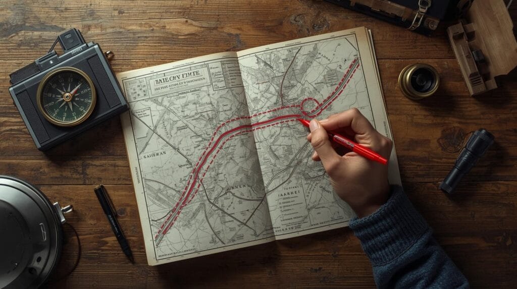 An overhead flat-lay photograph of a detailed paper topographic atlas spread open on a wooden table. A hand holding a red permanent marker is tracing a secondary route along a railroad line, deliberately bypassing a large red circle drawn around a main highway intersection. A compass and a small flashlight rest beside the map. The lighting is functional and realistic.