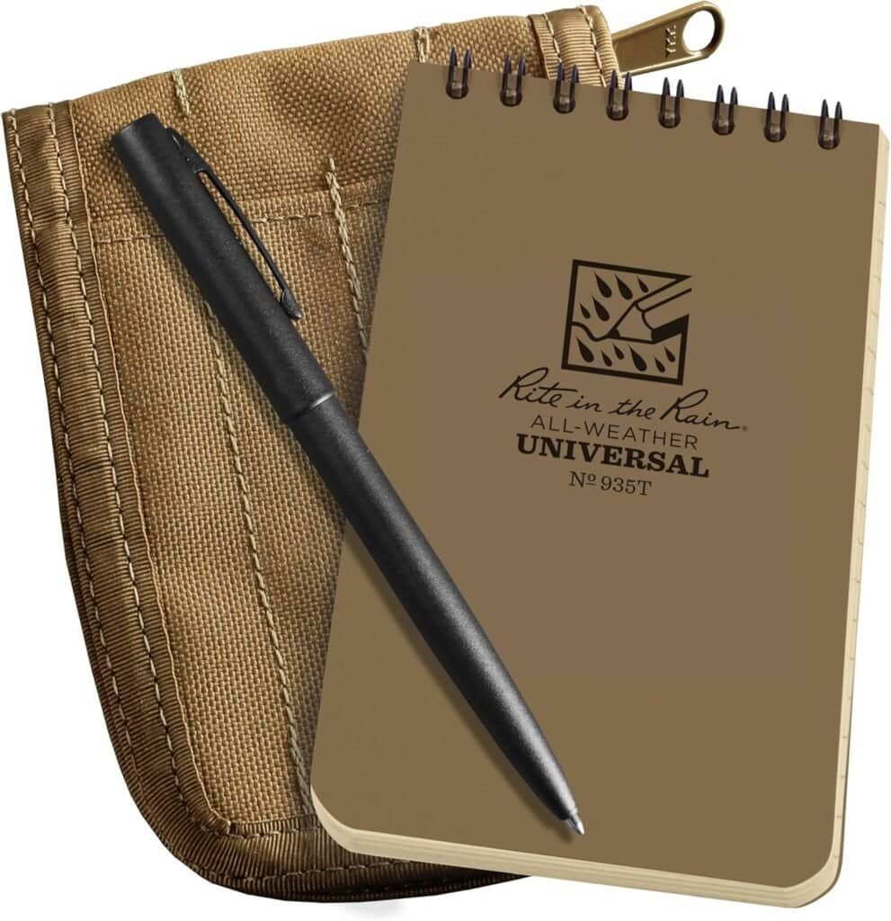 Rite in the Rain Weatherproof 3" x 5" Top-Spiral Notebook Kit: Tan CORDURA Fabric Cover, 3" x 5" Tan Notebook, and an Weatherproof Pen