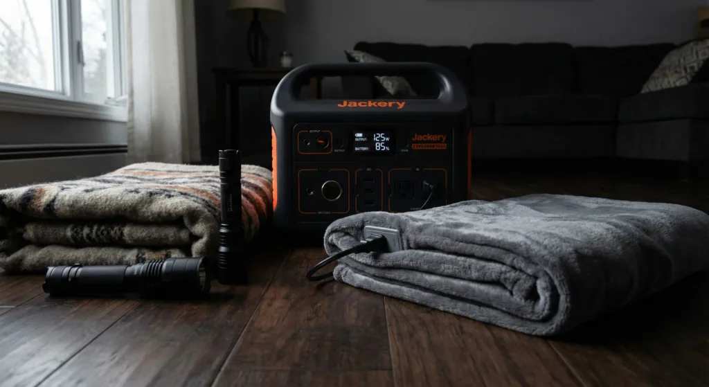 A portable power station powering an electric blanket next to a wool blanket and flashlight, representing advanced Blackout Blueprint gear options.