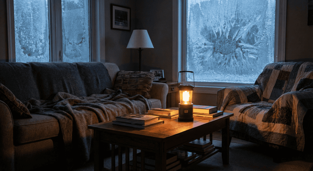A close-up photograph of a person inside a cold house wearing multiple layers of clothing: a merino wool base layer top, a zippered fleece jacket over it, and a knitted wool beanie on their head. Their breath is slightly visible as steam. Realistic, gritty style.