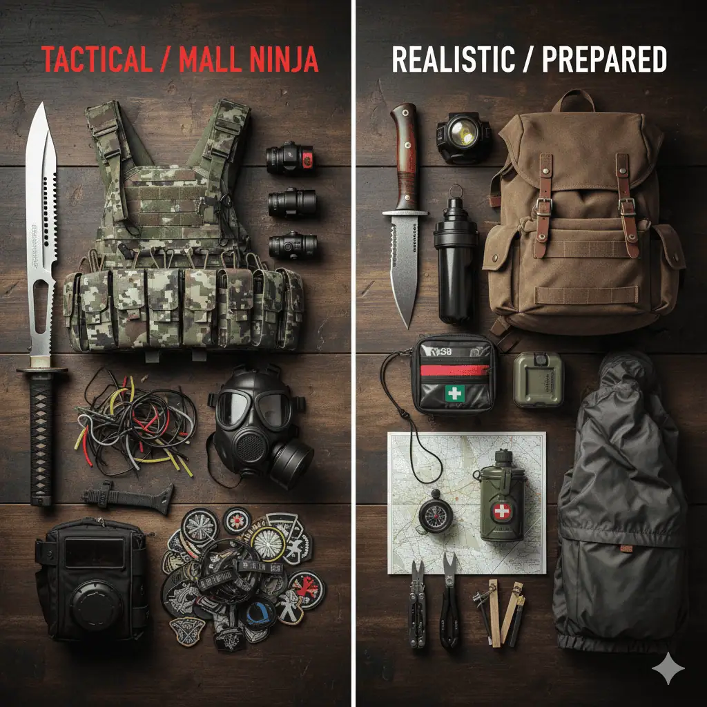 Side-by-side comparison of tactical and realistic everyday carry kits, showcasing gear organization and preparedness for daily situations.