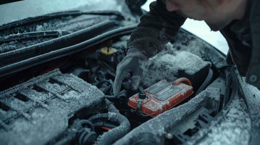 Visualizing the mechanical failure caused by cold. Prompt: A close-up, gritty photograph of a car engine bay completely frosted over in extreme cold. A gloved hand is attempting to attach frost-covered jumper cables to a frozen car battery. Steam is rising faintly from the person's breath. Highly detailed, realistic texture.